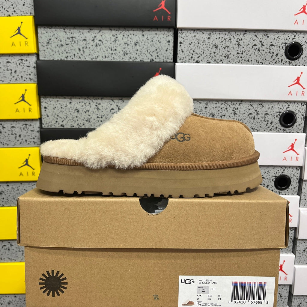 UGG Tazz Platform Slipper – Women's Sherpa-Cuff Suede Mule in Chestnut