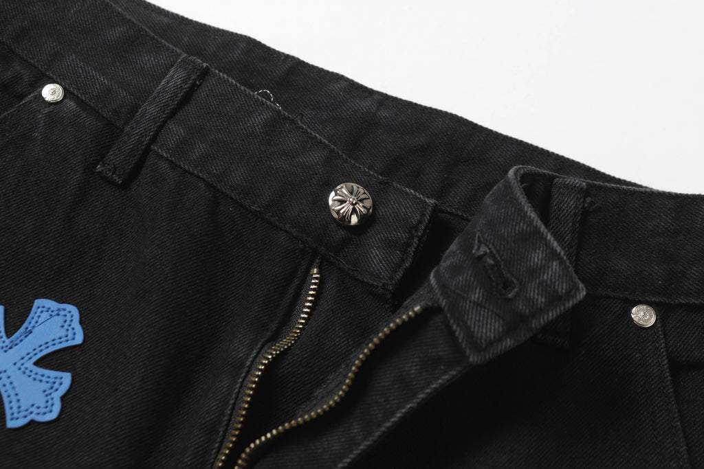 Chrome Hearts White & Blue Leather Cross Patches Jeans