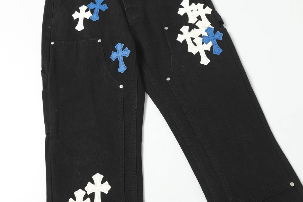 Chrome Hearts White & Blue Leather Cross Patches Jeans