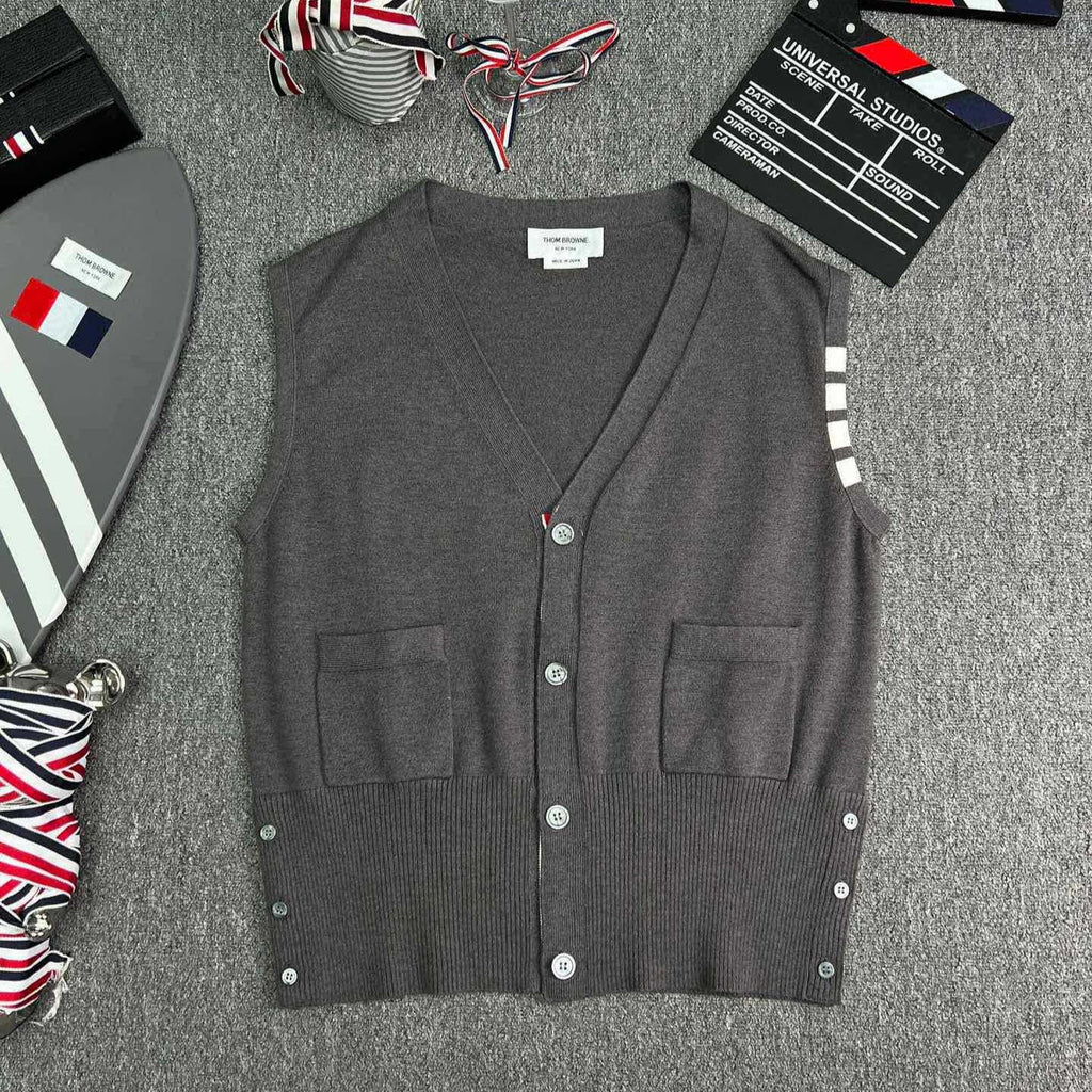 Thom Browne Style Four-Bar V-Neck Button Knit Vest