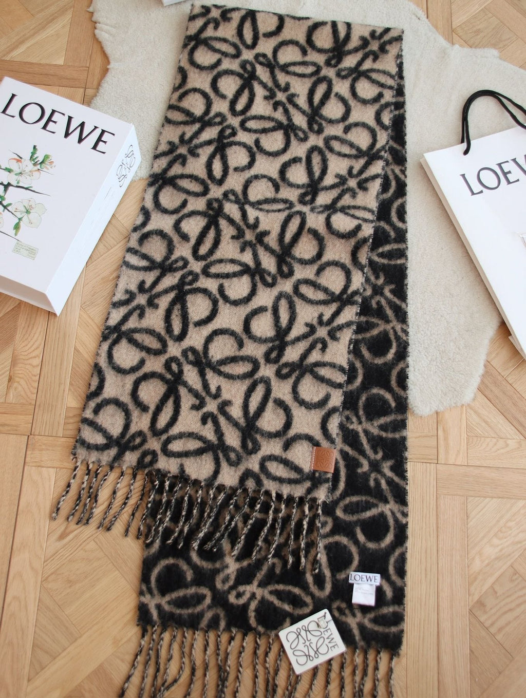 Loewe Beige and Black Patterned Fringe Scarf