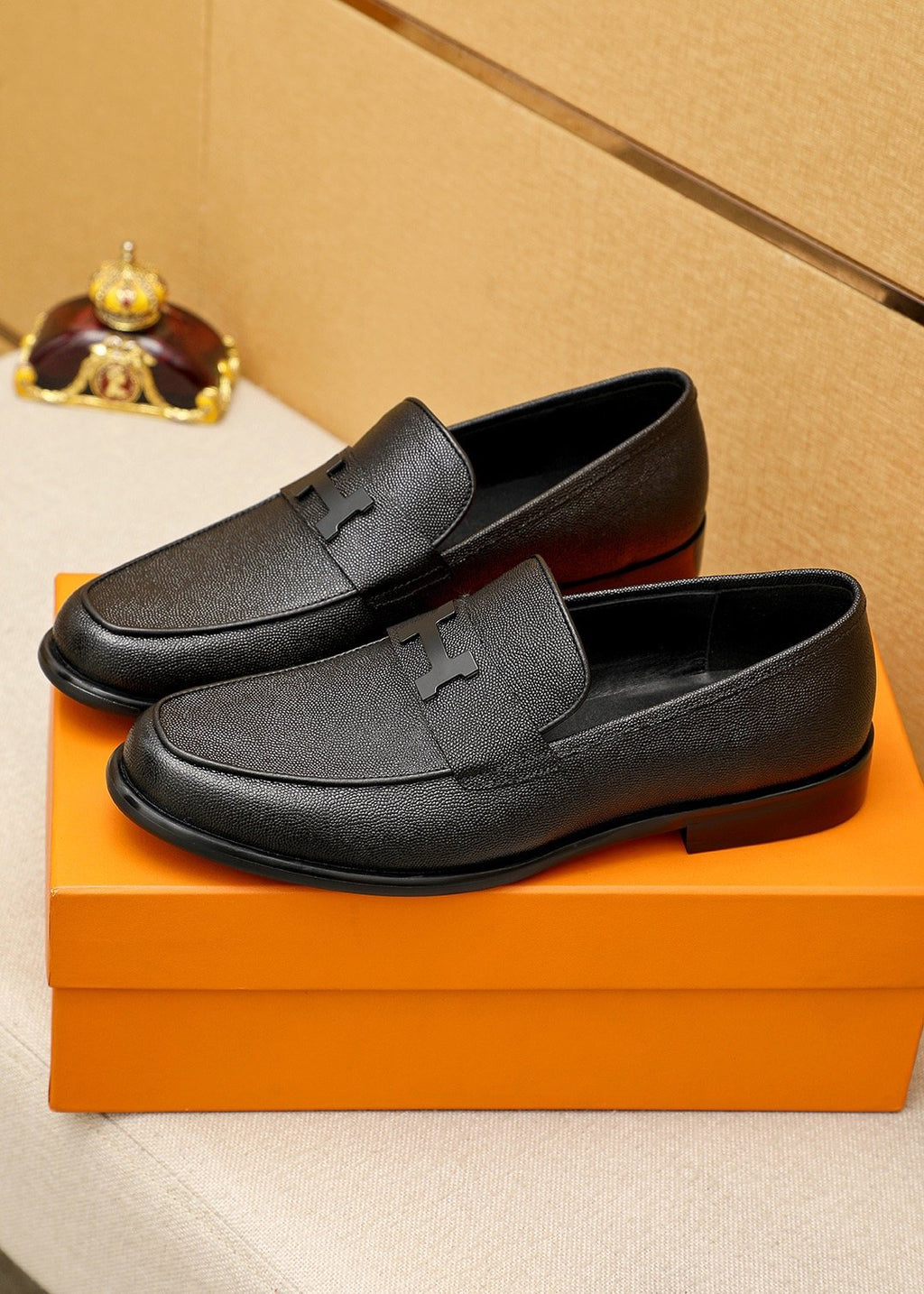 Hermès Black Textured Leather Loafers