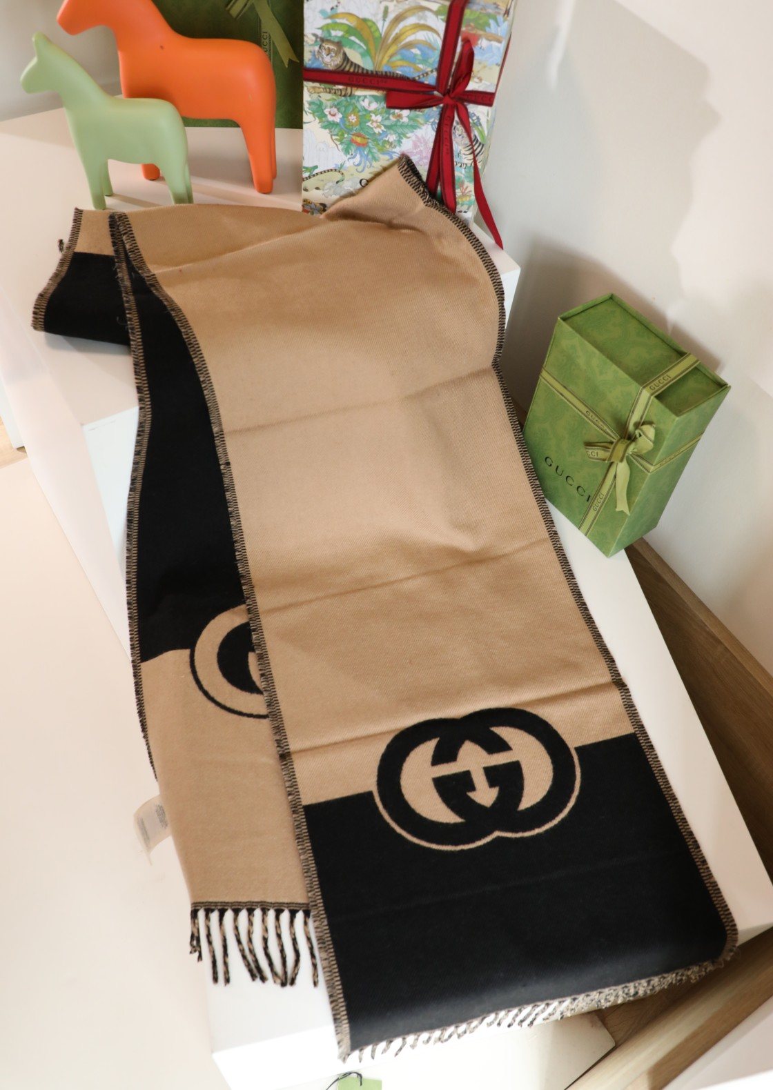 Gucci Beige and Black Fringed Scarf