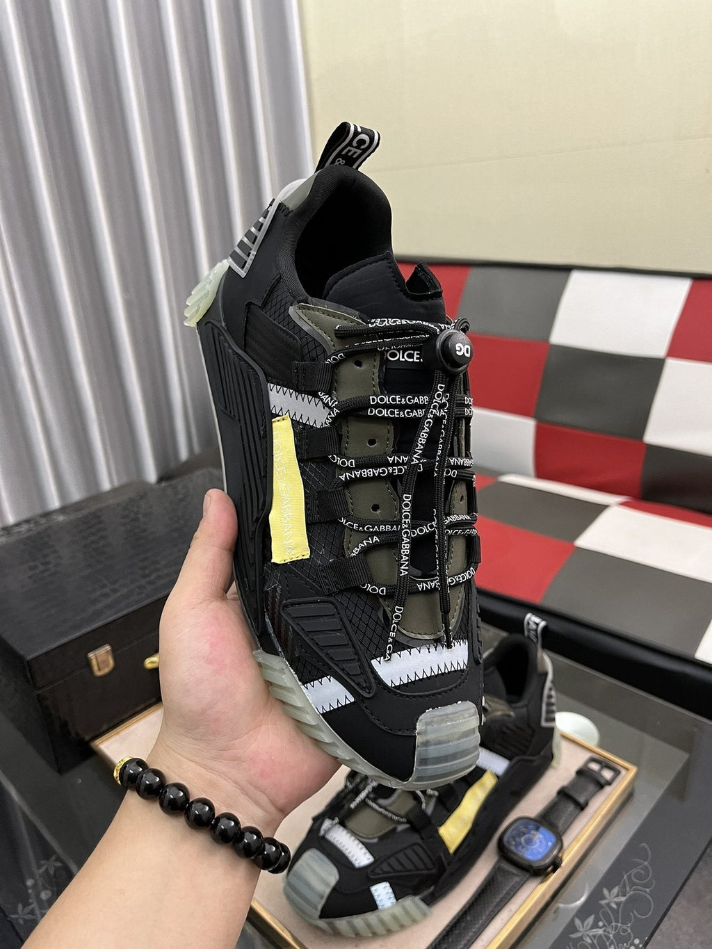 Dolce & Gabbana Black and Gray Sneakers with Yellow Accent