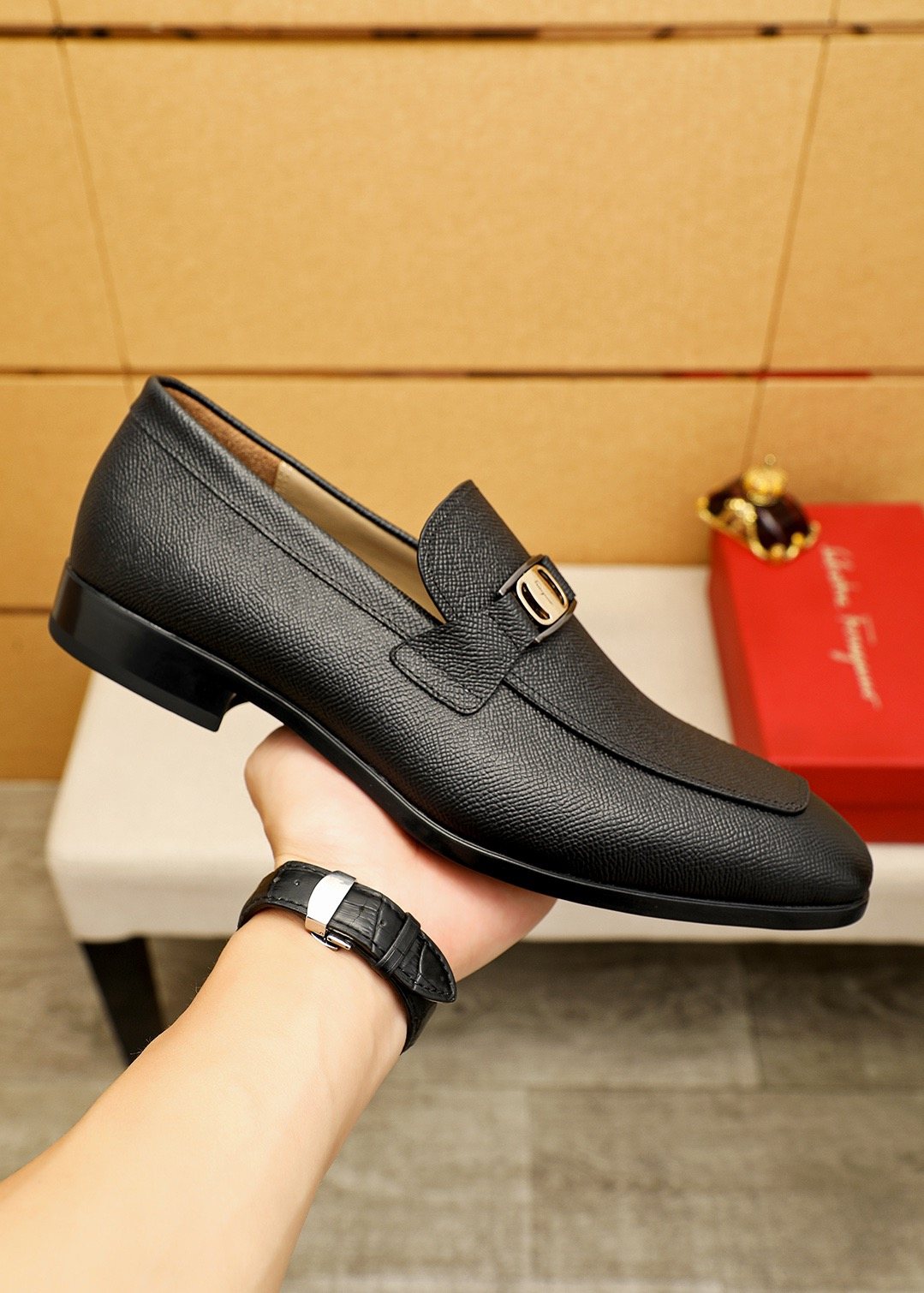 Ferragamo Men's Black Buckle Loafers - Low-Profile Heel