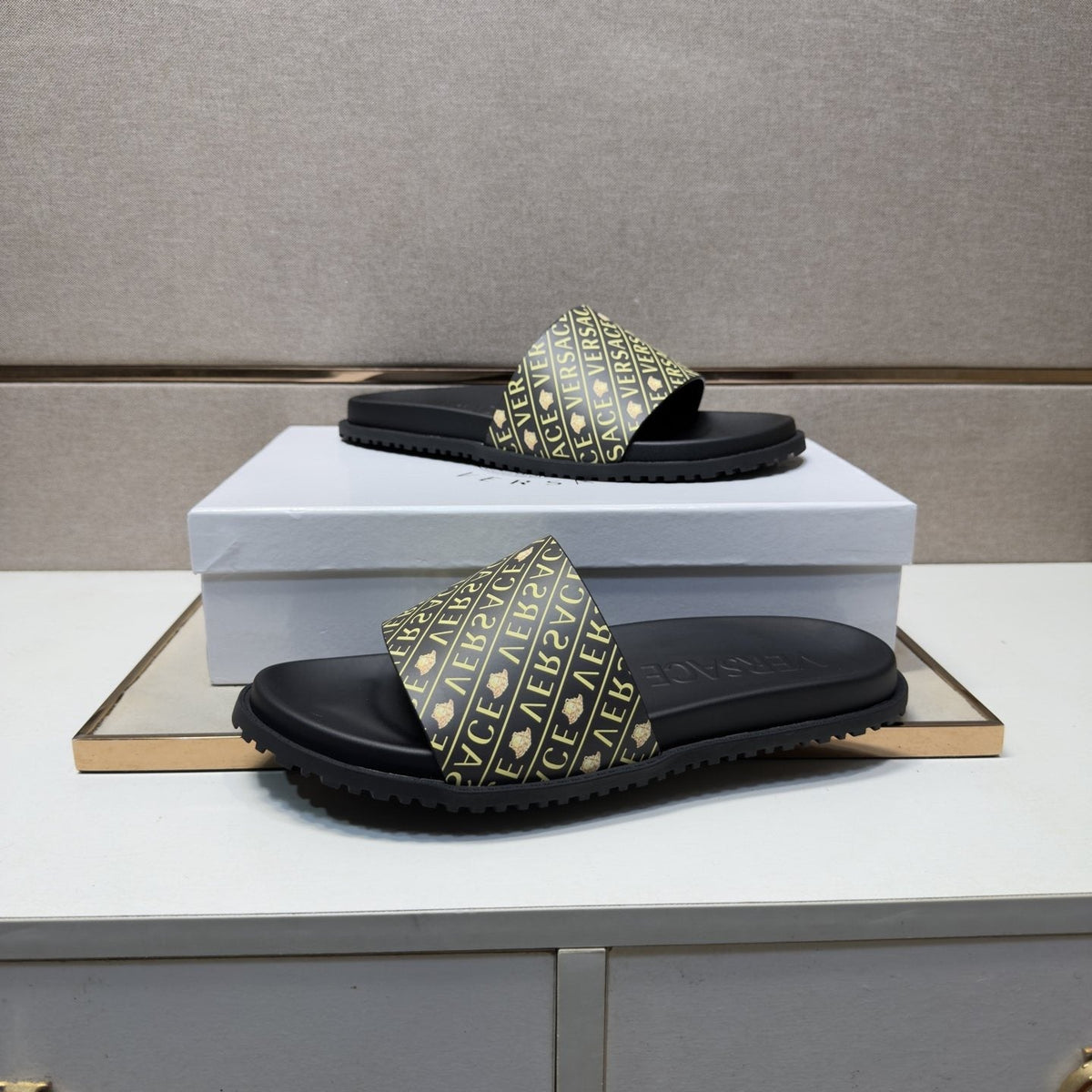 Versace Patterned Strap Slide Sandals