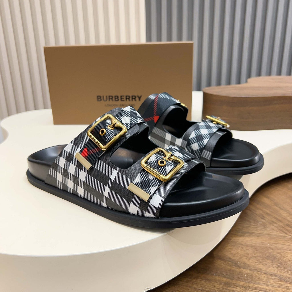Burberry Plaid Buckle Slide Sandals - Cross Straps